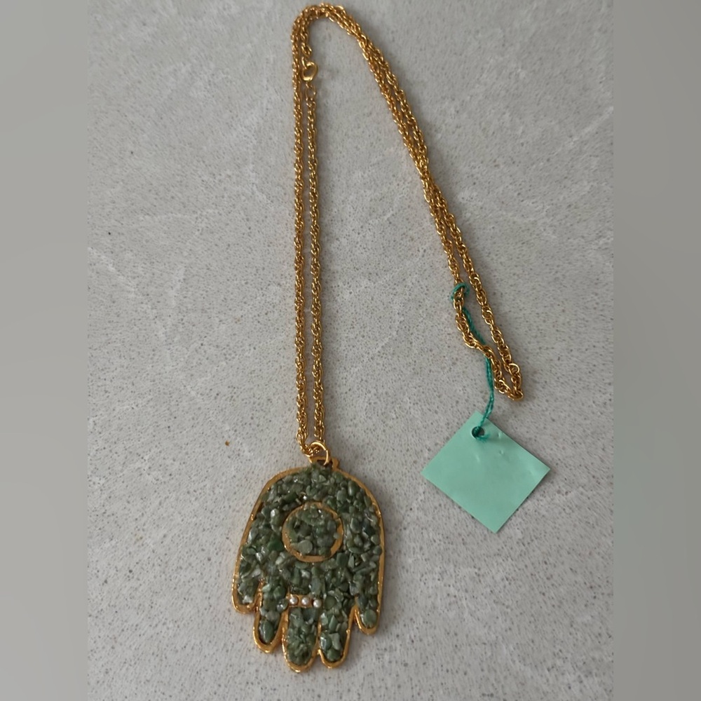 Vintage Green Jade Chips Gold Pendant Necklace Gift Boho Bohemian Artisan